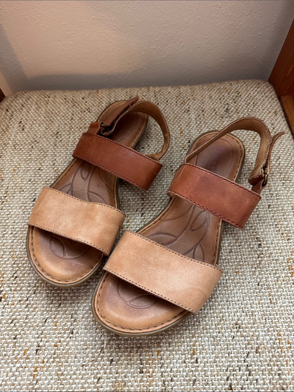 Born Two-Tone Tan and Brown Leather Strap Sandals - Picture 3 of 3